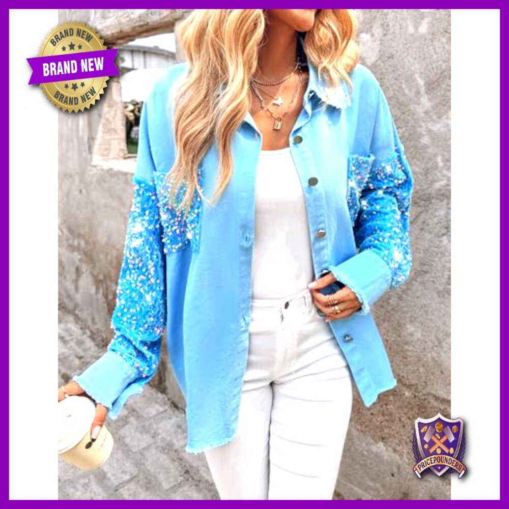 Oversized Denim Shacket Sequin Patchwork Long Sle… - image 4